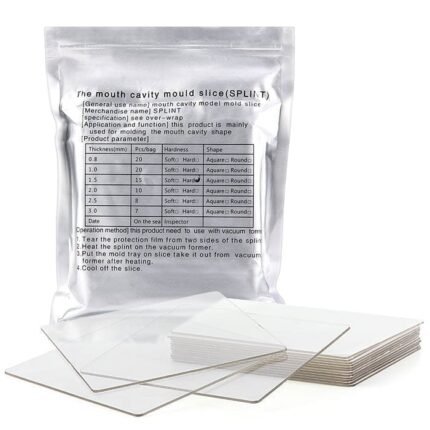 Transparent dental splint sheets for vacuum forming, packaged in a sealed pouch with multiple clear plastic sheets displayed in front.